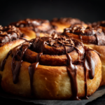 Pumpkin, caramel, and chocolate cinnamon rolls on a rustic table