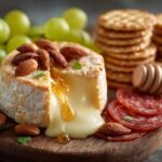 Rustic charcuterie board with brie, cheddar, salami, prosciutto, grapes, olives, and nuts