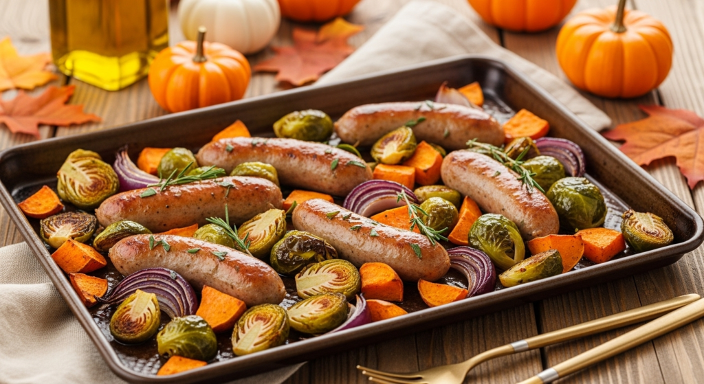 roasted fall sheet pan dinner with sausage and vegetables