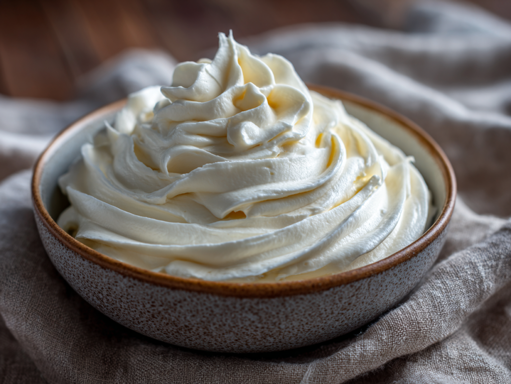 Bowl of fluffy cream cheese frosting with swirls