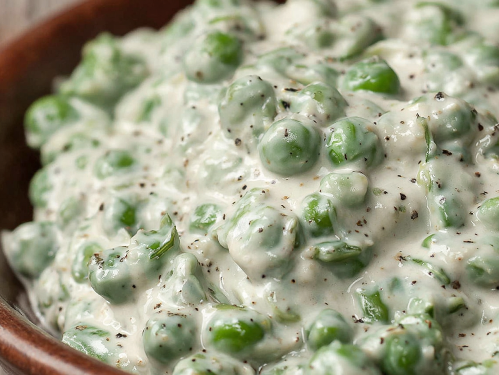 Bowl of creamed peas in buttery sauce