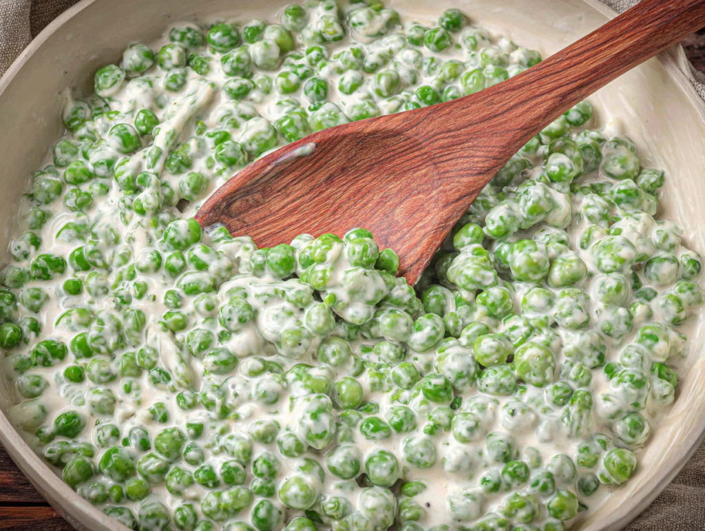 Cream peas with creamy sauce and fresh herbs