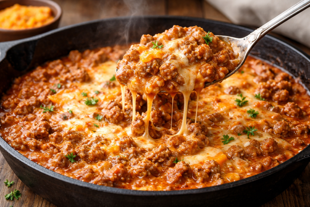 Creamy Ground Beef Skillet with cheddar and sour cream