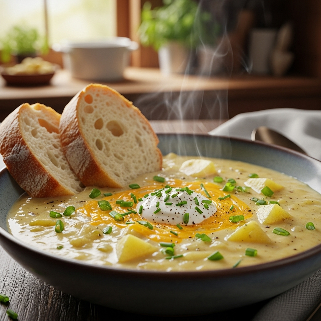 creamy potato soup bowl with cheddar chives steam comfort