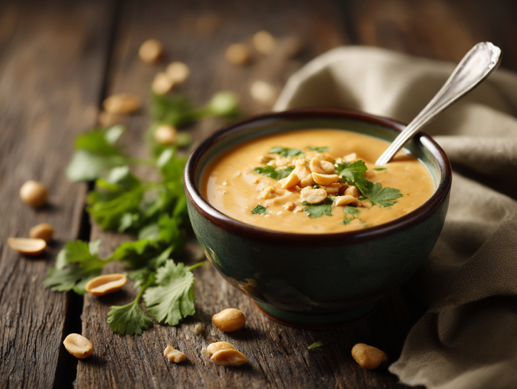 Bowl of Thai peanut sauce with chopped peanuts and cilantro garnish