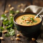 Bowl of Thai peanut sauce with chopped peanuts and cilantro garnish