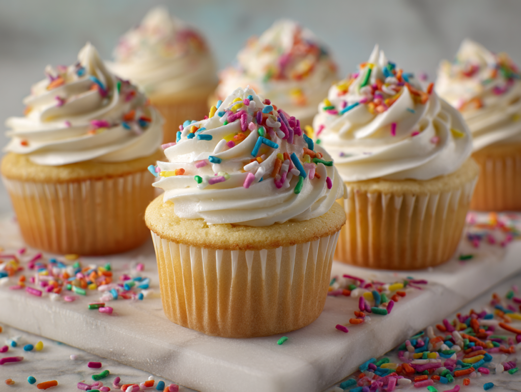 Cupcake topped with piped cream cheese frosting swirl