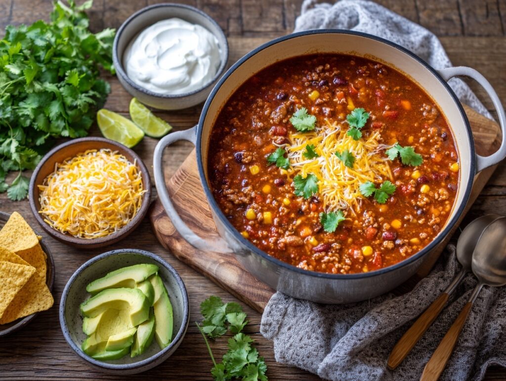 Top-down view of taco soup in a Dutch oven with a toppings board alongside