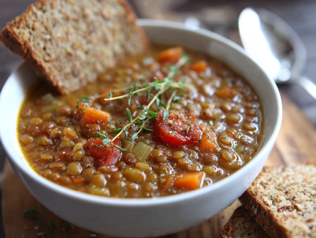 Classic lentil soup simmering in a Dutch oven with vegetables and spices