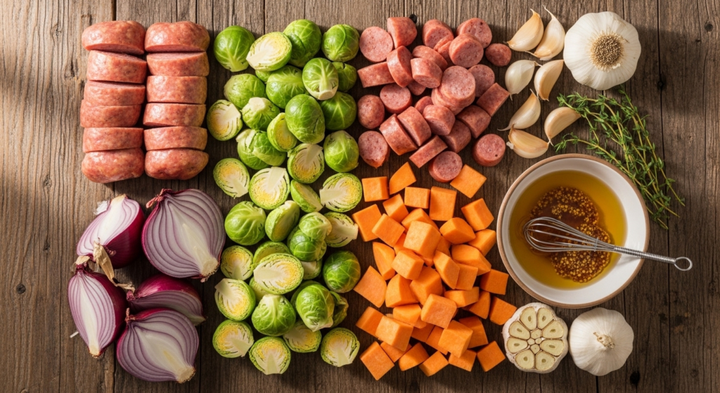 flat lay of fall sheet pan dinner ingredients on white background