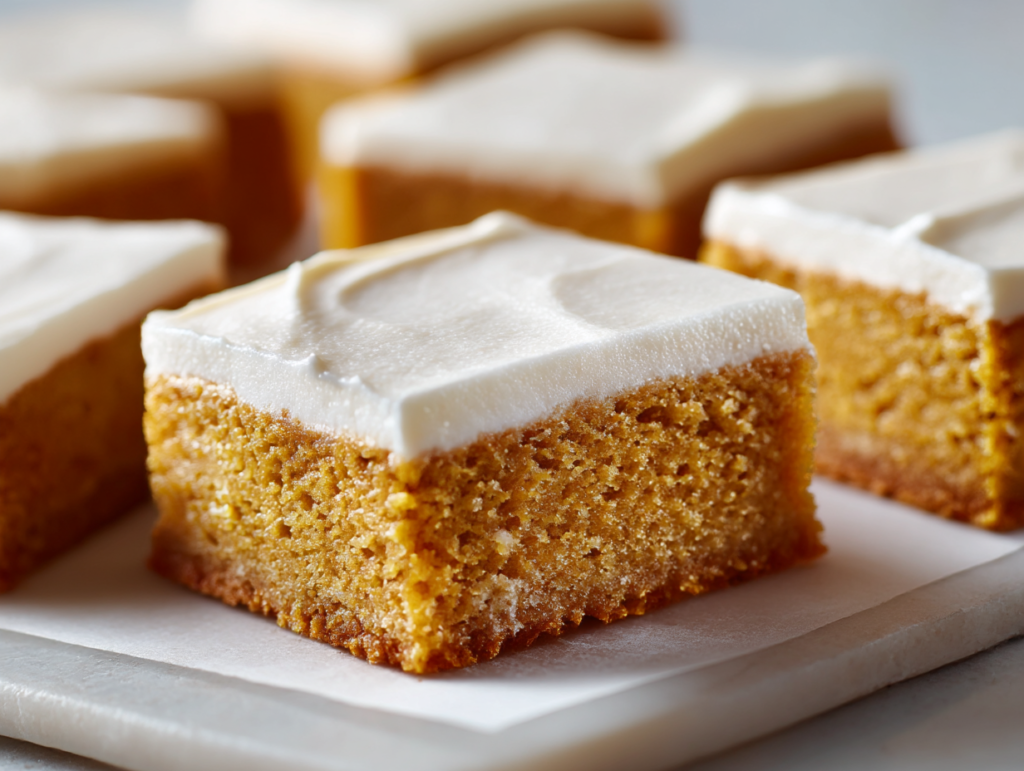 Overhead shot of pumpkin bar slices with frosting and cinnamon dusting