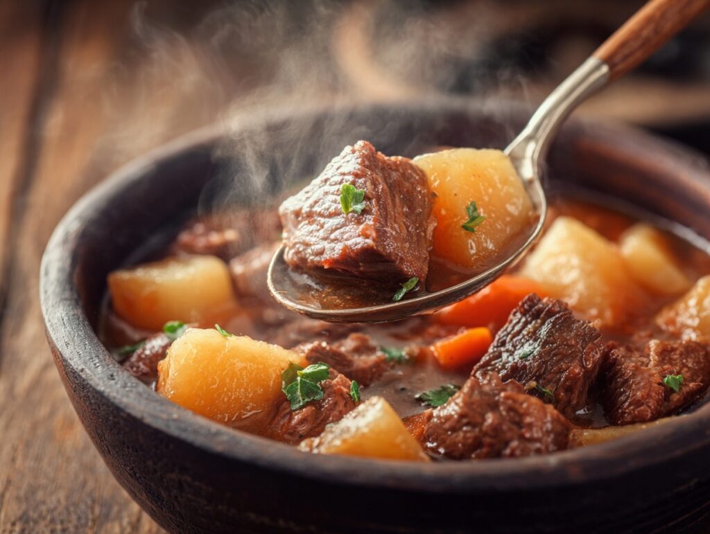 Bowl of beef stew with tender beef, potatoes, carrots, and celery in rich broth