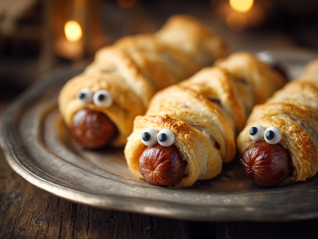 Halloween hot dog mummies wrapped in crescent roll dough