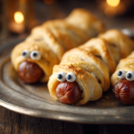 Halloween hot dog mummies wrapped in crescent roll dough