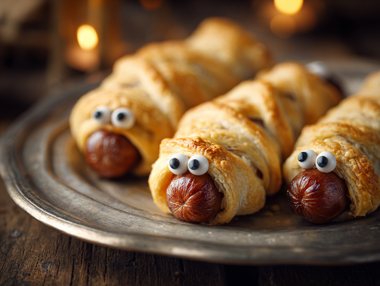Halloween hot dog mummies wrapped in crescent roll dough
