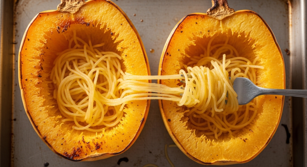 Fork pulling spaghetti-like strands from roasted spaghetti squash halves