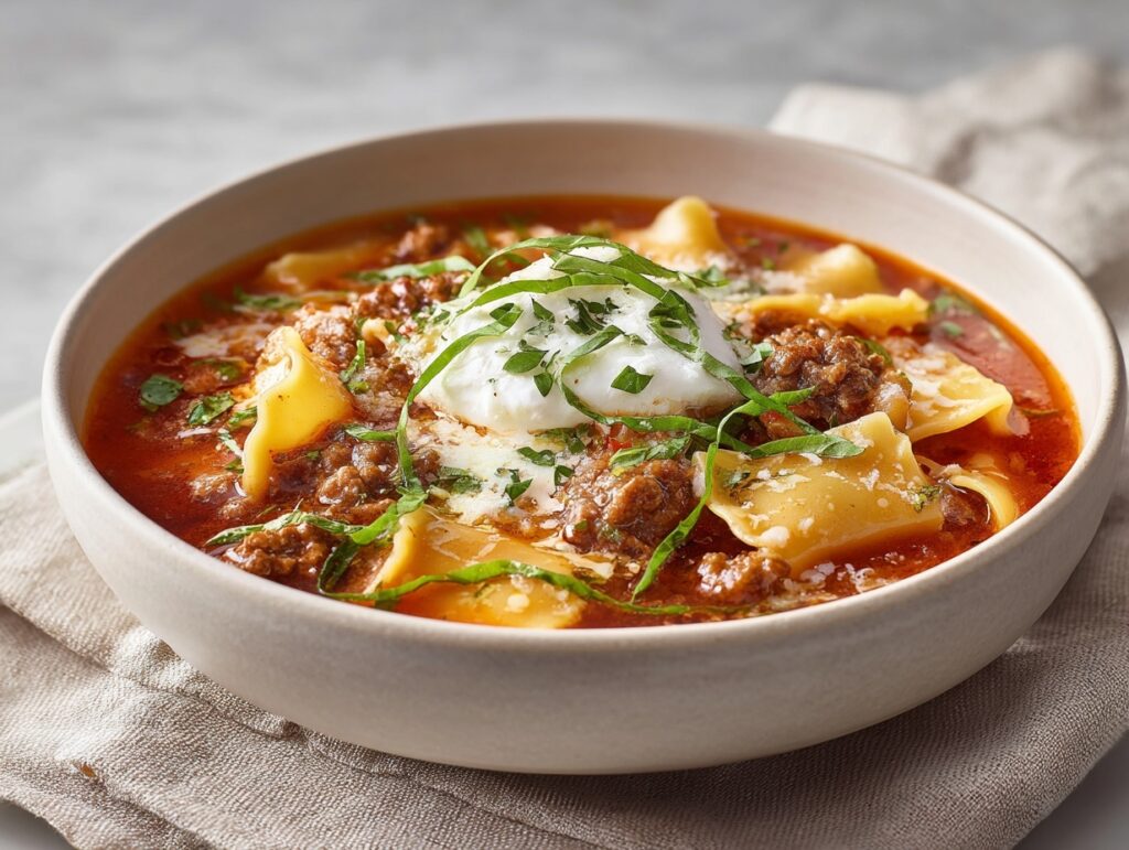 steaming cheesy lasagna soup with ricotta basil and tomato broth
