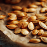 Golden roasted pumpkin seeds on parchment paper