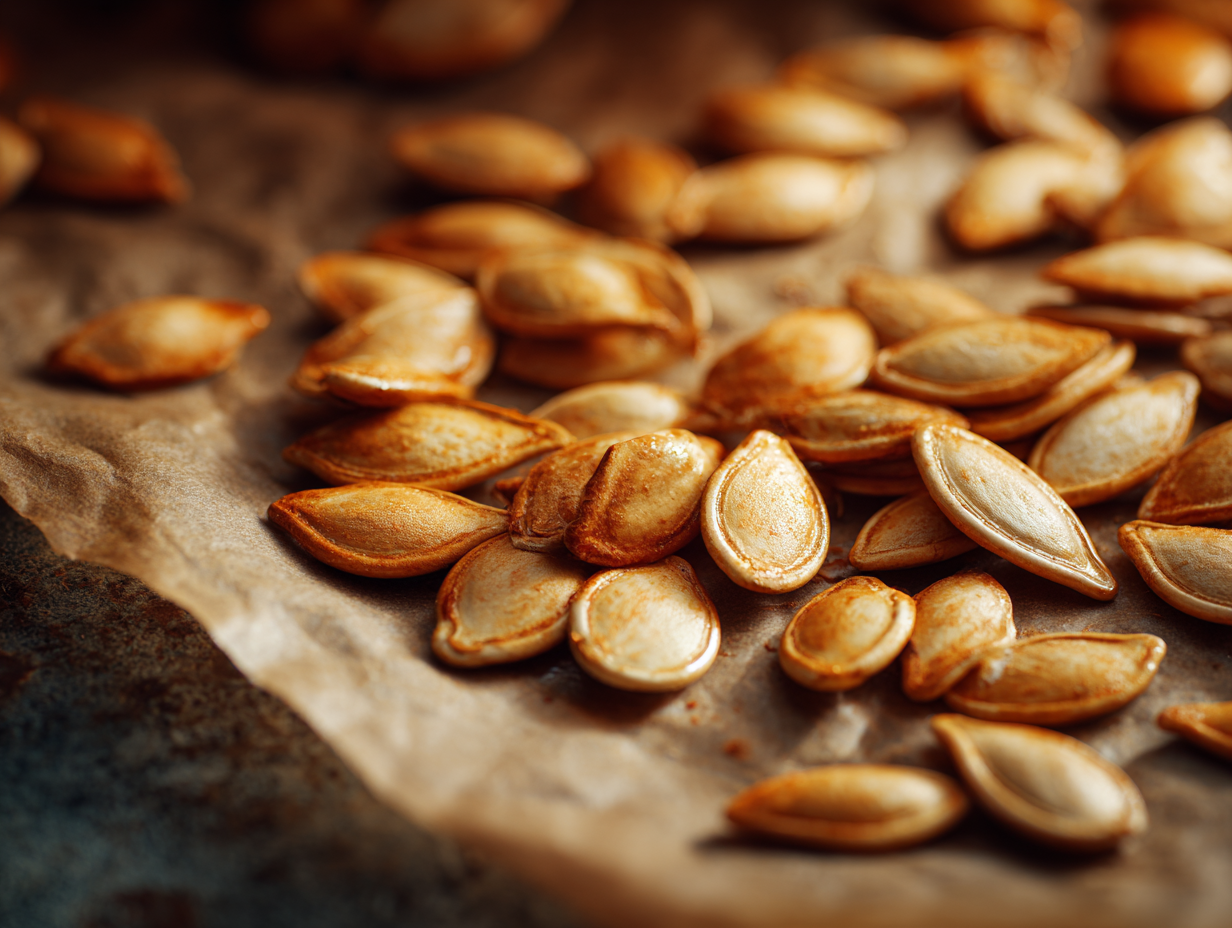 Golden roasted pumpkin seeds on parchment paper
