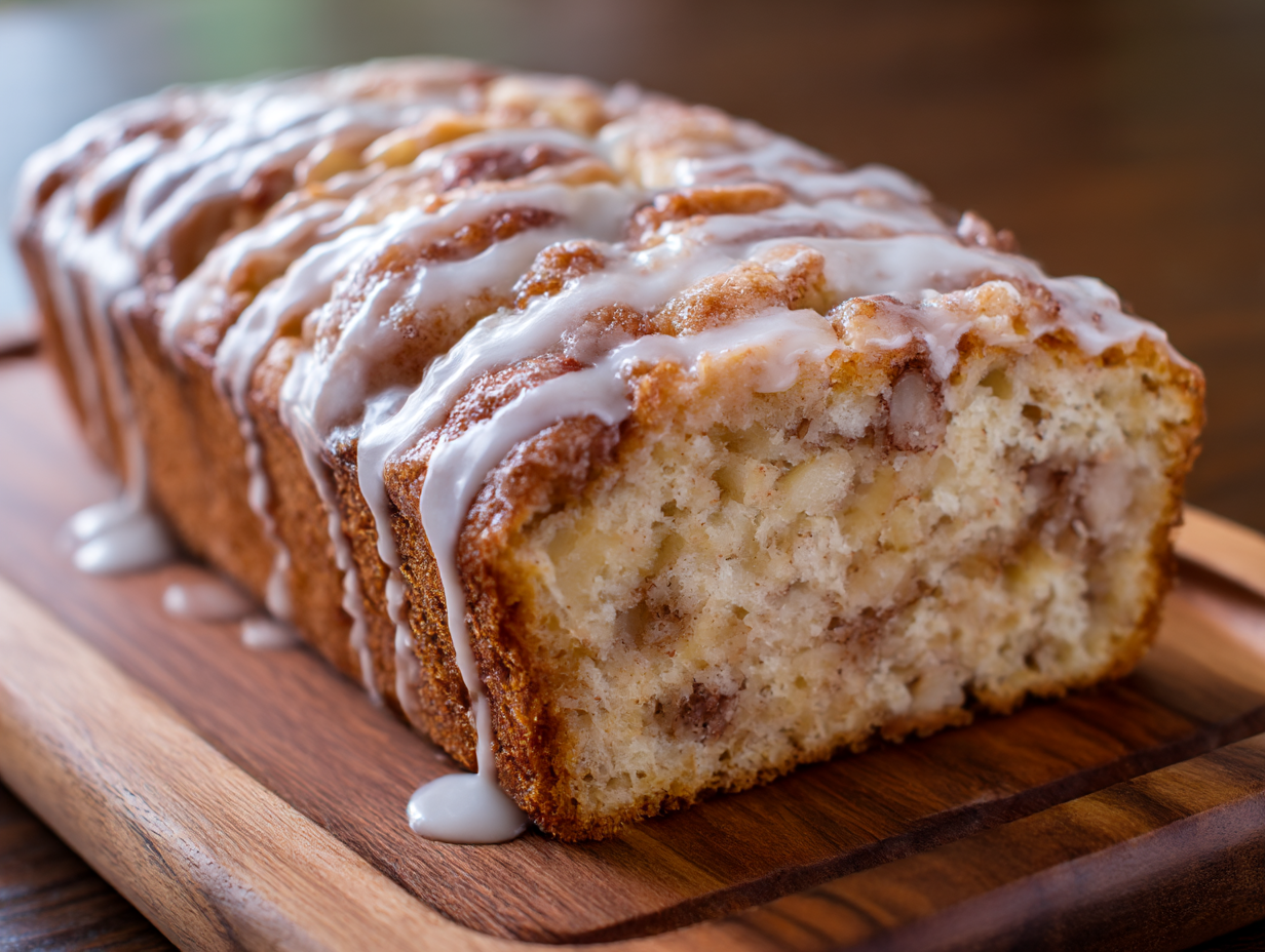 Top-down view of apple loaf cake slices with cinnamon sugar topping