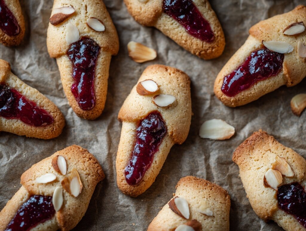 Halloween severed finger cookies with almond nails and oozing red jam
