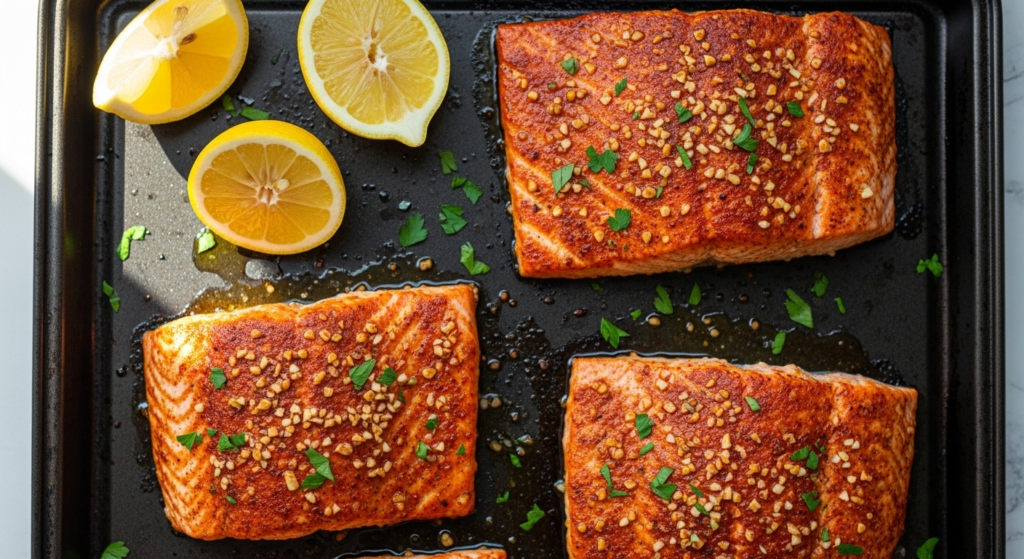 Top-down crispy baked salmon on a sheet pan with lemon and herbs