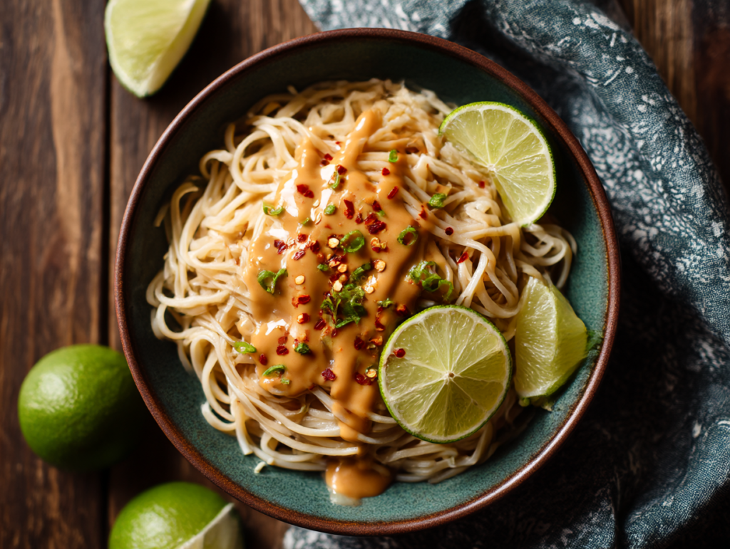 Noodles topped with Thai peanut sauce and lime