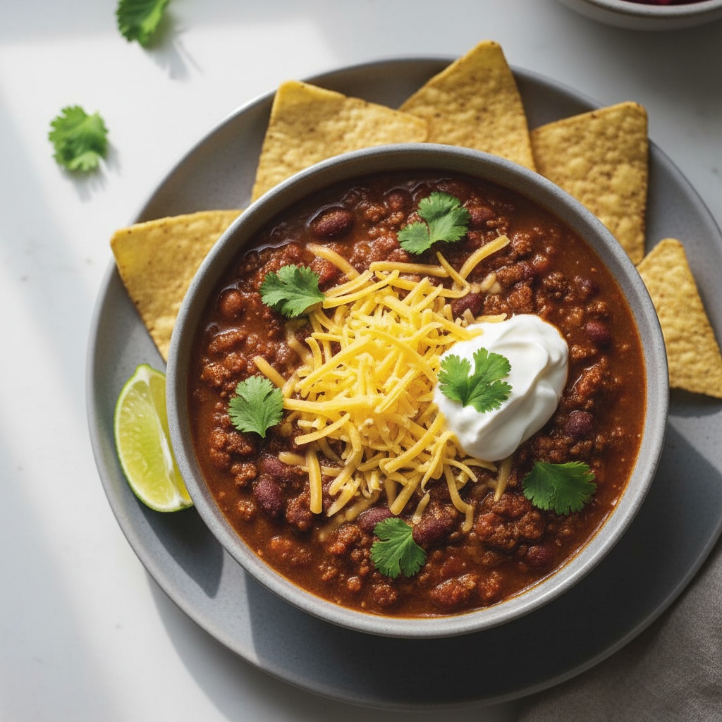 Overhead smoky beef and bean chili with cheese, sour cream, and chips