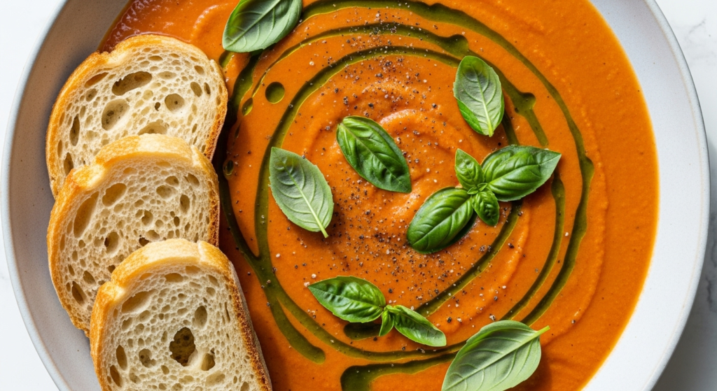 Overhead roasted tomato basil soup with basil and toast
