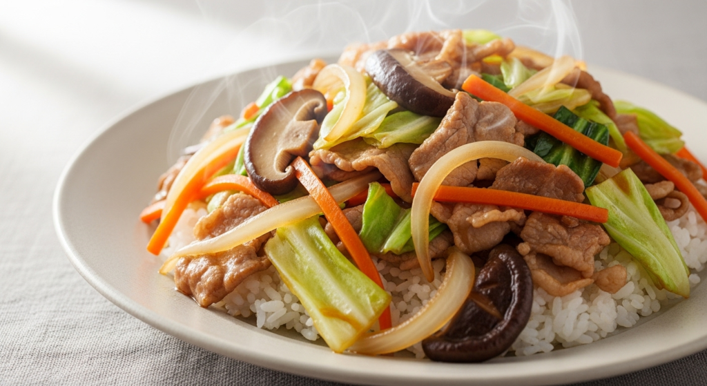 Top-down Japanese vegetable stir-fry sizzling in a wok with glossy umami sauce