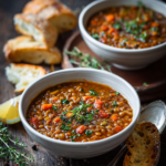 Hearty classic lentil soup served in a white bowl with carrots, celery, and fresh parsley garnish