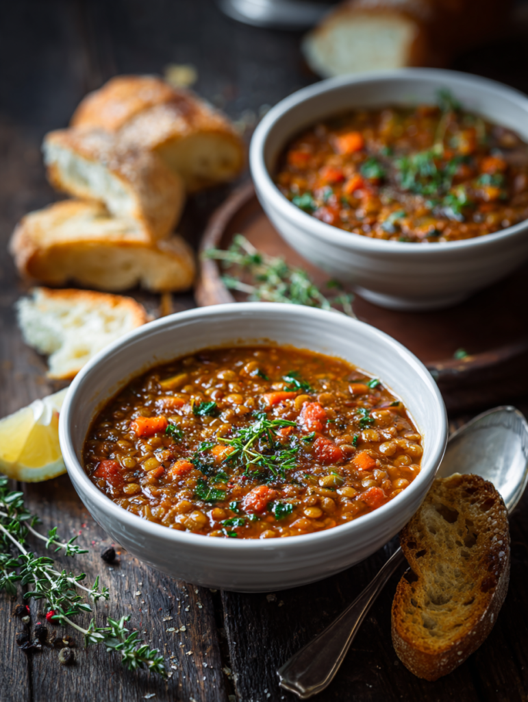 Hearty classic lentil soup served in a white bowl with carrots, celery, and fresh parsley garnish