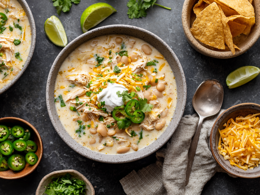 Flat lay of creamy white chicken chili in a pot with toppings and garnishes on a rustic table