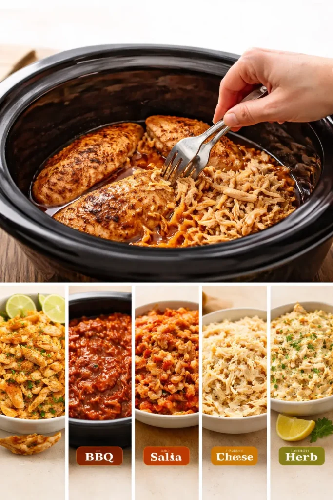 juicy crockpot shredded chicken in slow cooker with multiple flavor variations meal prep ideas