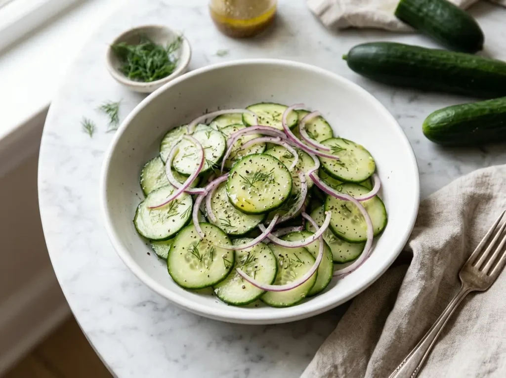 Cucumber salad with vinegar, red onion and fresh dill in a white bowl