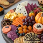 Overhead view of a Halloween Charcuterie Board with cheeses, meats, dips, and spooky candies