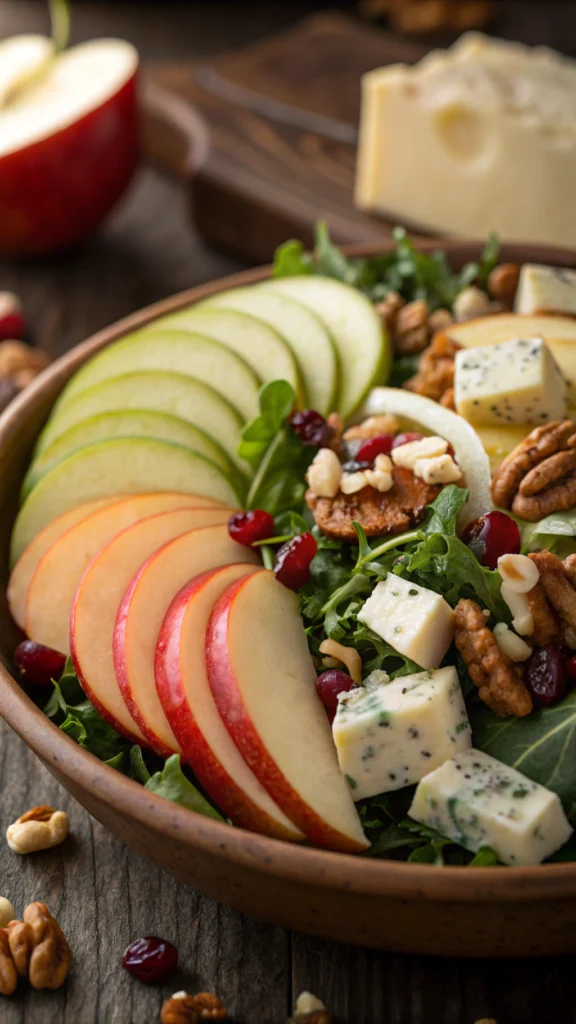 Overhead view of Savory Apple Salad with vinaigrette on the side
