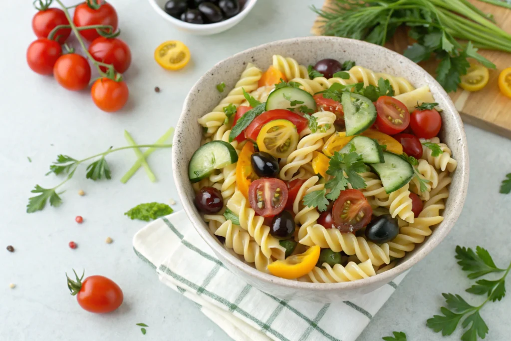 Italian Pasta Salad with salami, mozzarella, olives, and red wine vinaigrette