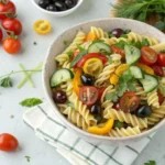 Italian Pasta Salad with salami, mozzarella, olives, and red wine vinaigrette