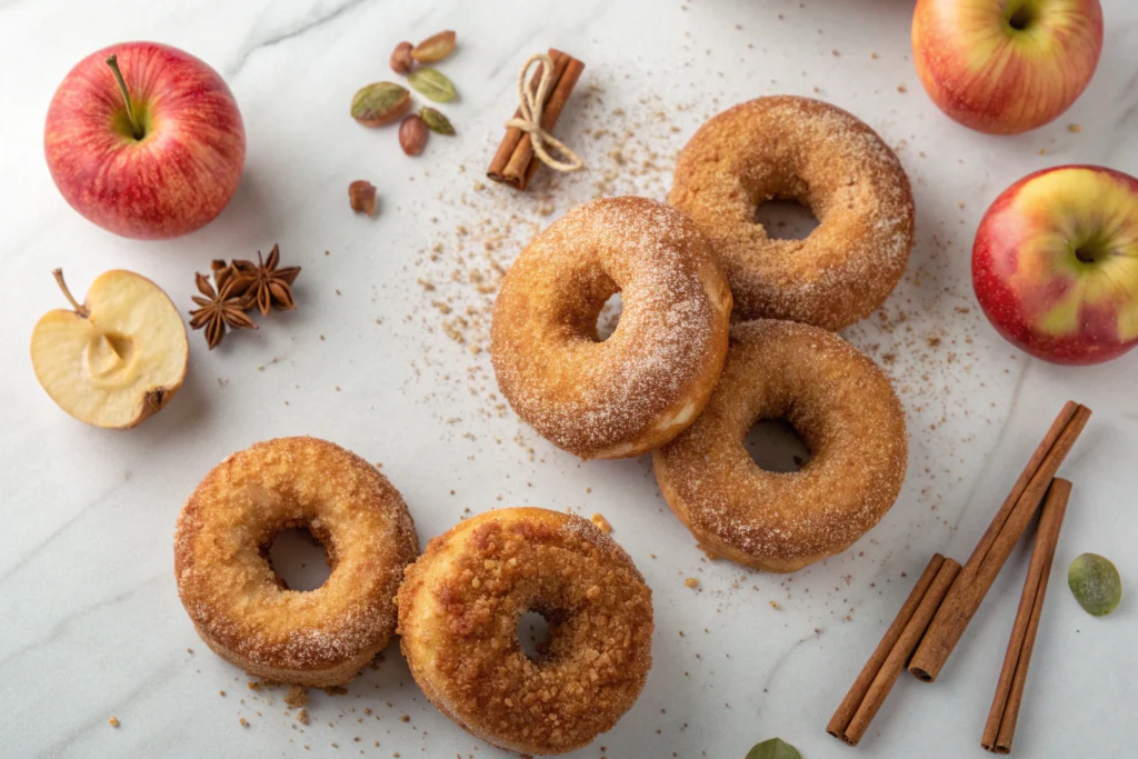 warm baked apple cider donuts coated in cinnamon sugar sparkling