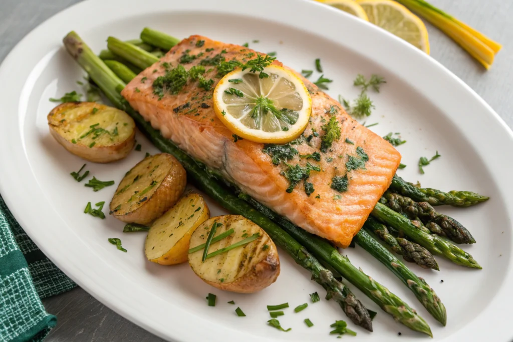 Crispy Baked Salmon fillets with lemon slices and fresh herbs