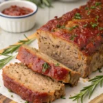 Easy 10-Minute Meatloaf sliced with glossy ketchup glaze