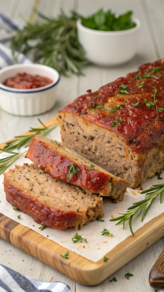 Easy 10-Minute Meatloaf sliced with glossy ketchup glaze