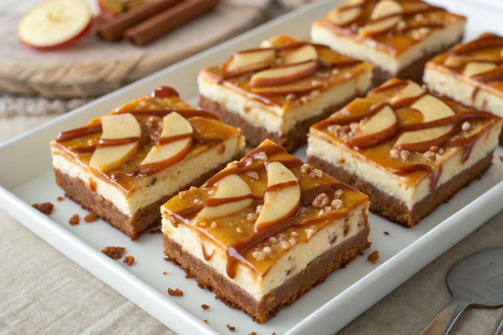 Overhead view of caramel apple cheesecake bars sliced in a pan with a drizzle of caramel