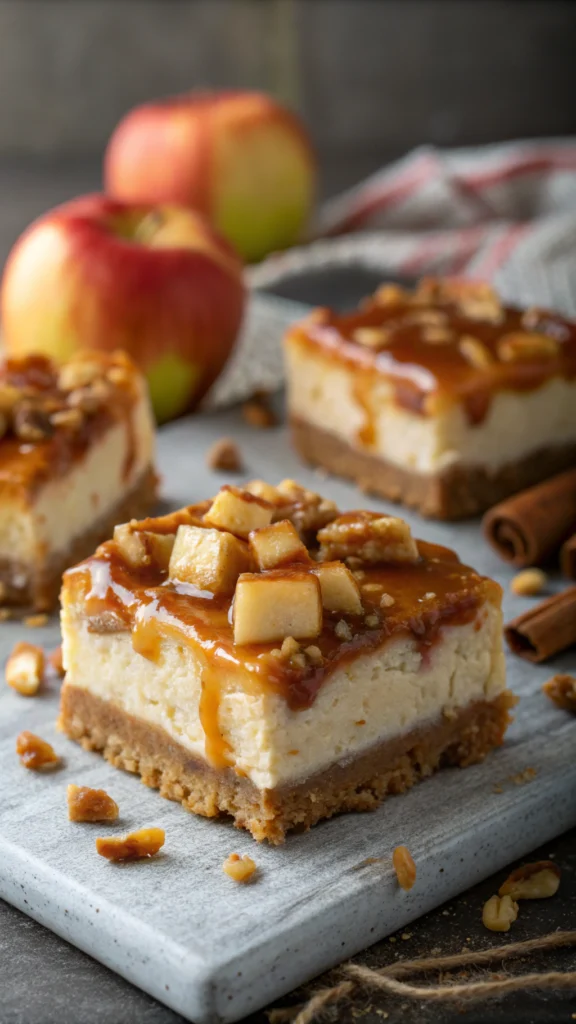 Caramel Apple Cheesecake Bars on shortbread crust with caramel swirl and flaky sea salt