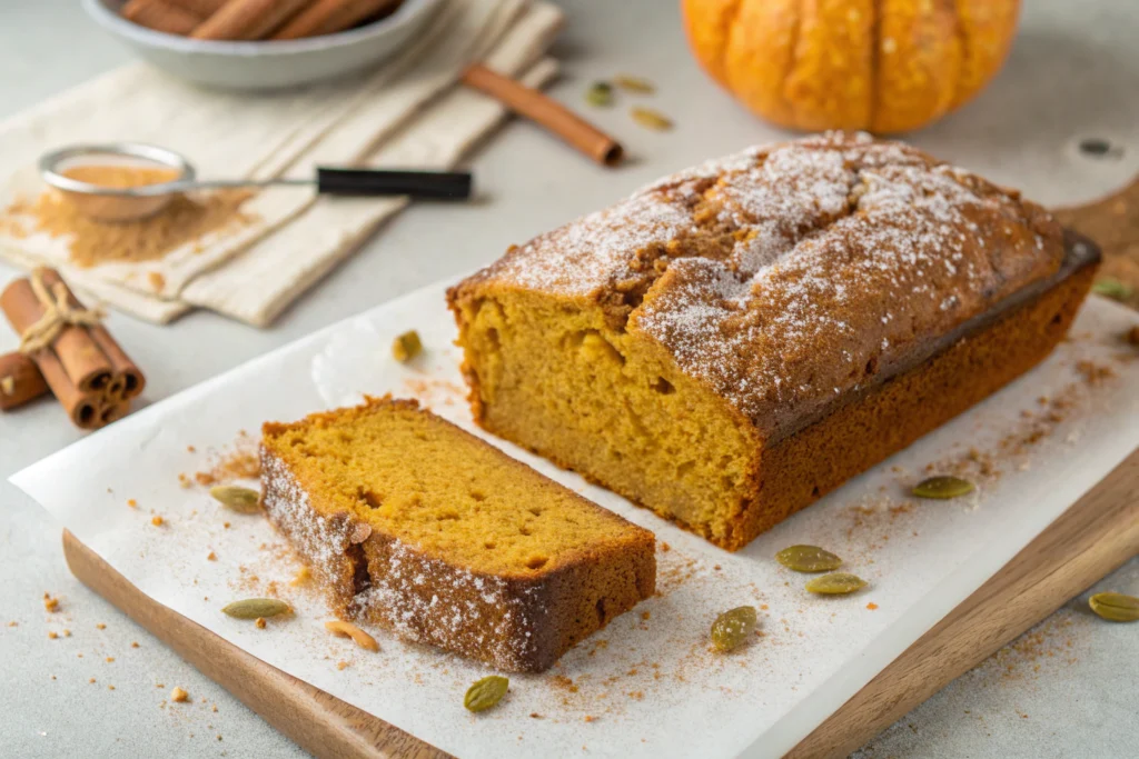 Pumpkin bread recipe loaf with a moist crumb and golden crust on a cutting board