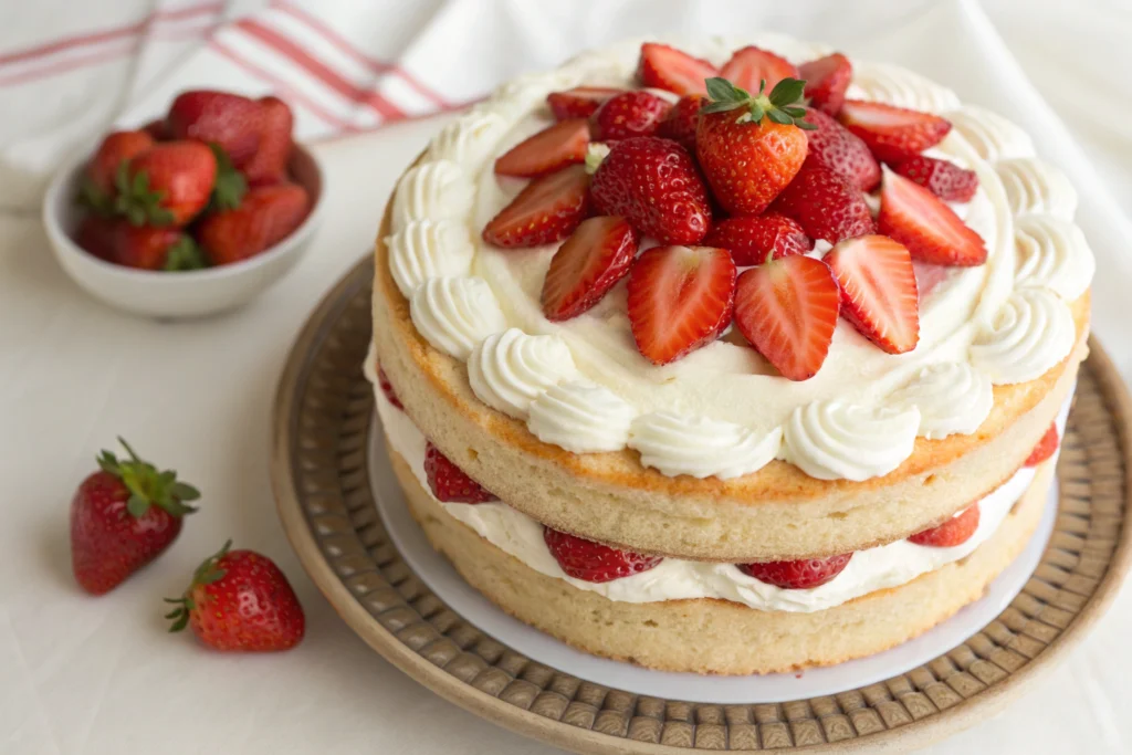 Strawberry shortcake recipe with flaky biscuits, macerated strawberries, and whipped cream