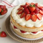 Strawberry shortcake recipe with flaky biscuits, macerated strawberries, and whipped cream