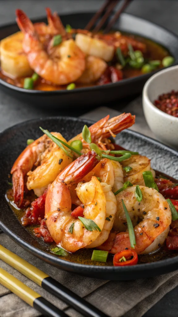 Overhead plate of garlic butter shrimp with bread and lemon wedges on matte stoneware, natural light and shallow bokeh.