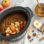 Glass jars filled with spiced slow cooker apple butter and apples